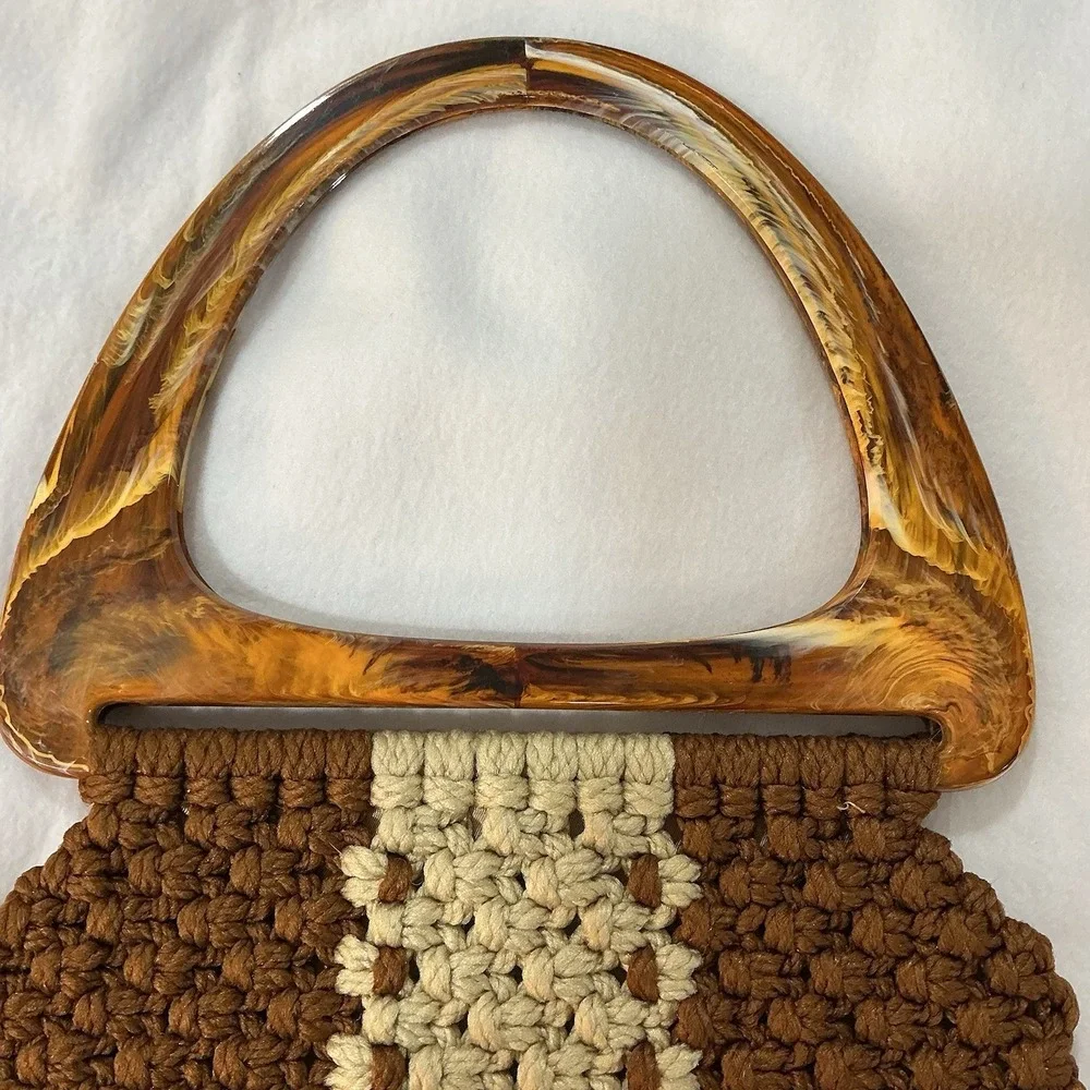 Vtg 70s Macrame Handbag Artisan Lucite Handle Brown Cream Lined Handmade Resort
